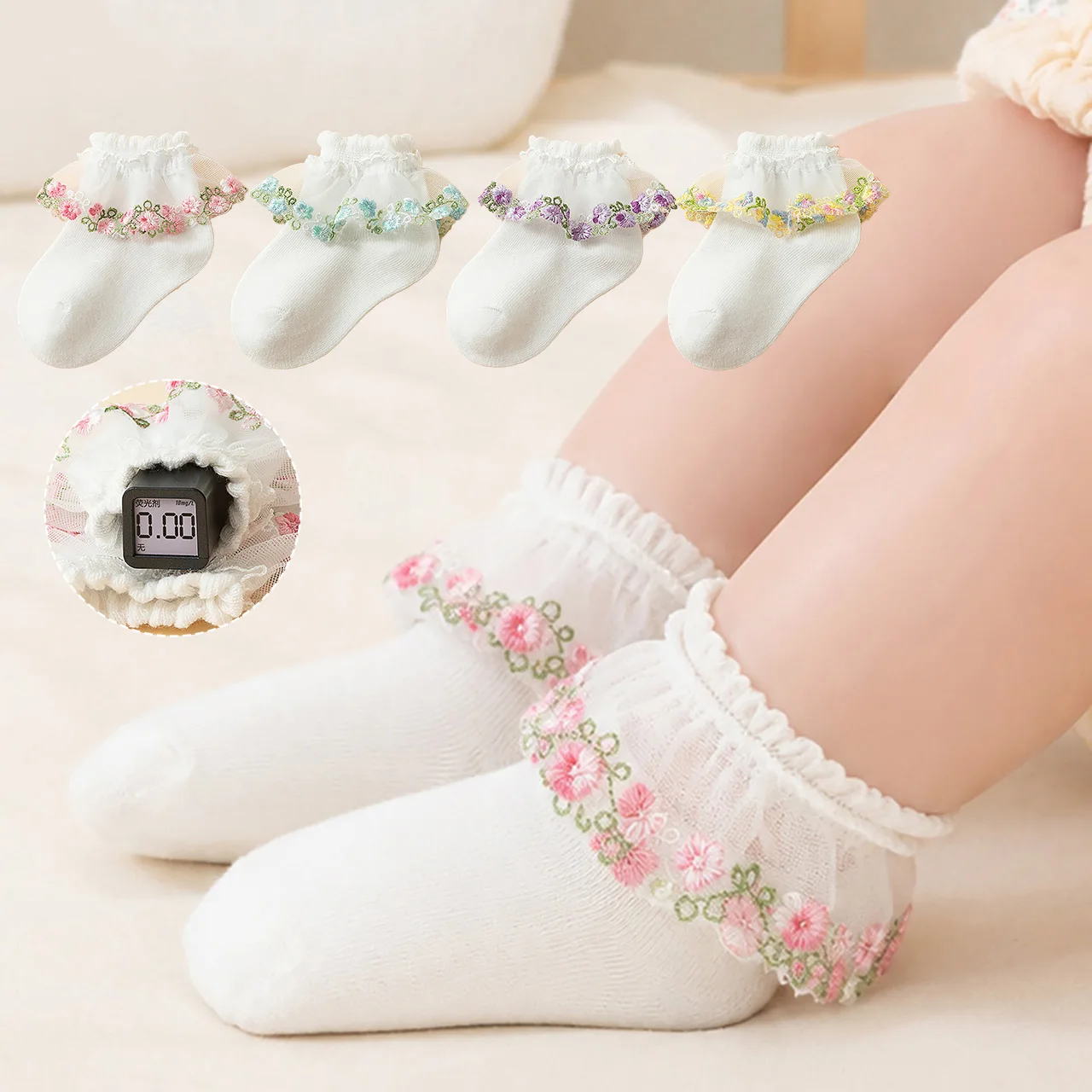 4Pairs Lace Floral Embroidered Princess Girls Socks Spring Autumn Baby Mid-Calf Sock 0-3Year Newborn Footwear Kids Cotton Socks