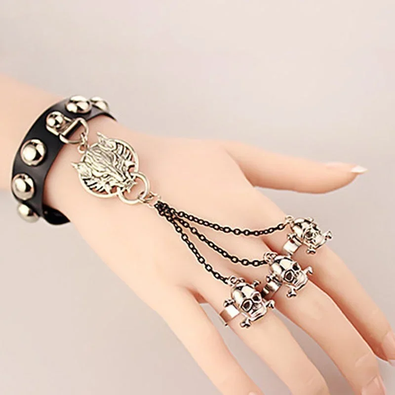 Chic Fashion Jewelry Gothic Skull Wolf Hand Chains Leather Bracelet  Fingers Ring  Bracelet for Women