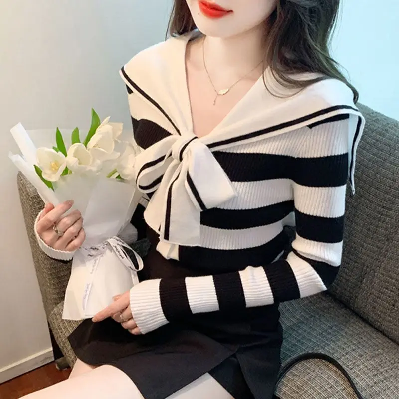 Navy Collar Striped Bow Sweater for Women\'s Autumn Winter Casual Temperament Slim Fit Versatile Knitted Sweater Top for Women