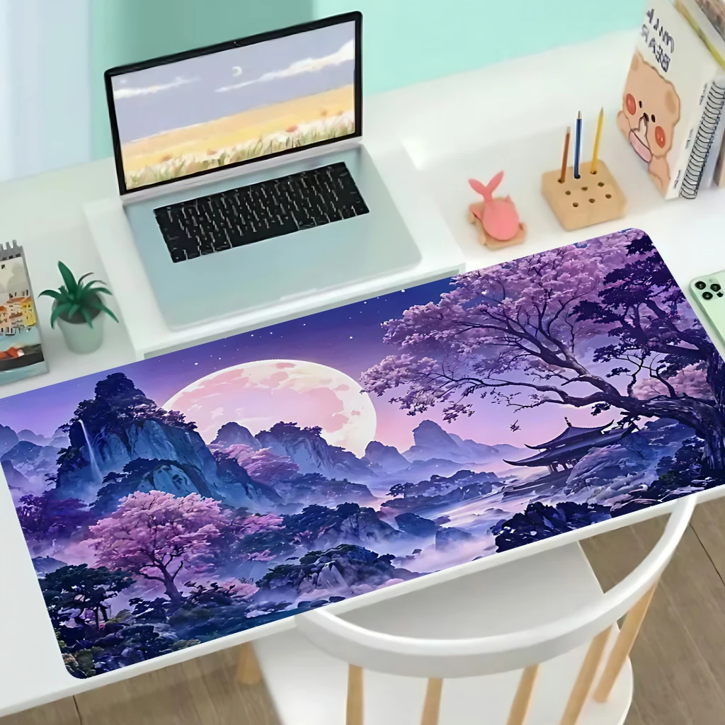 The grand moon fantasy landscape under cherry blossoms, large keyboard and laptop pad, office decoration - rectangular table mat