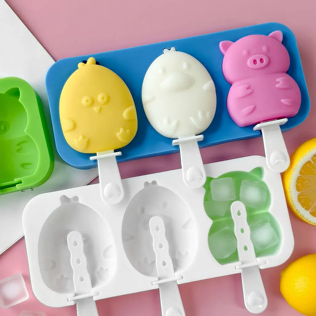 3-Cavity Cartoon Animal Chick Duck Pig Ice Cream Mold Food Grade Silicone DIY Popsicle Ice Lattice Ice Pop Molds