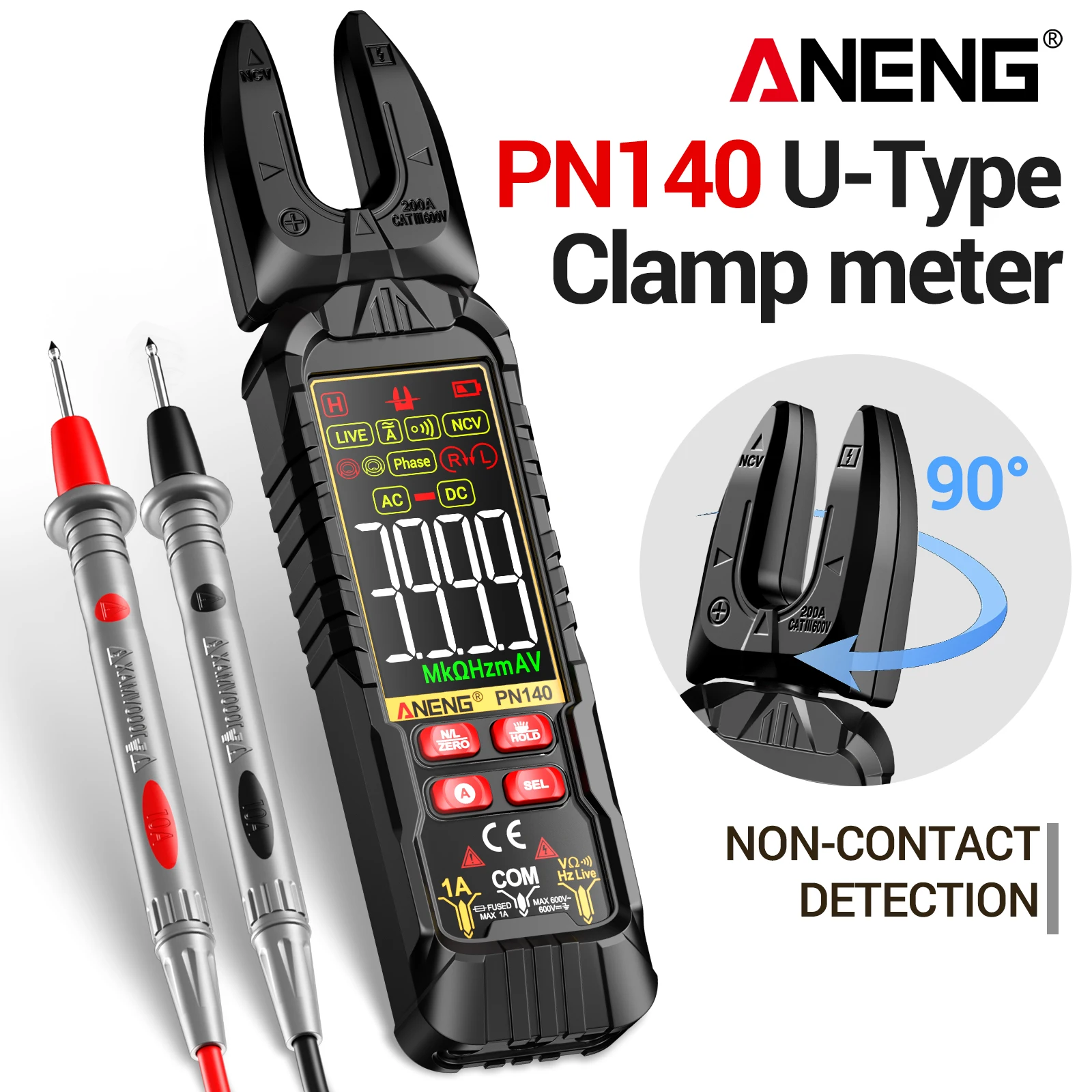 ANENG PN140 Handheld Digital Clamp Meter 3999 Count AC DC Current Resistance NCV Data Hold Flashlight Auto Power Off Test Tool