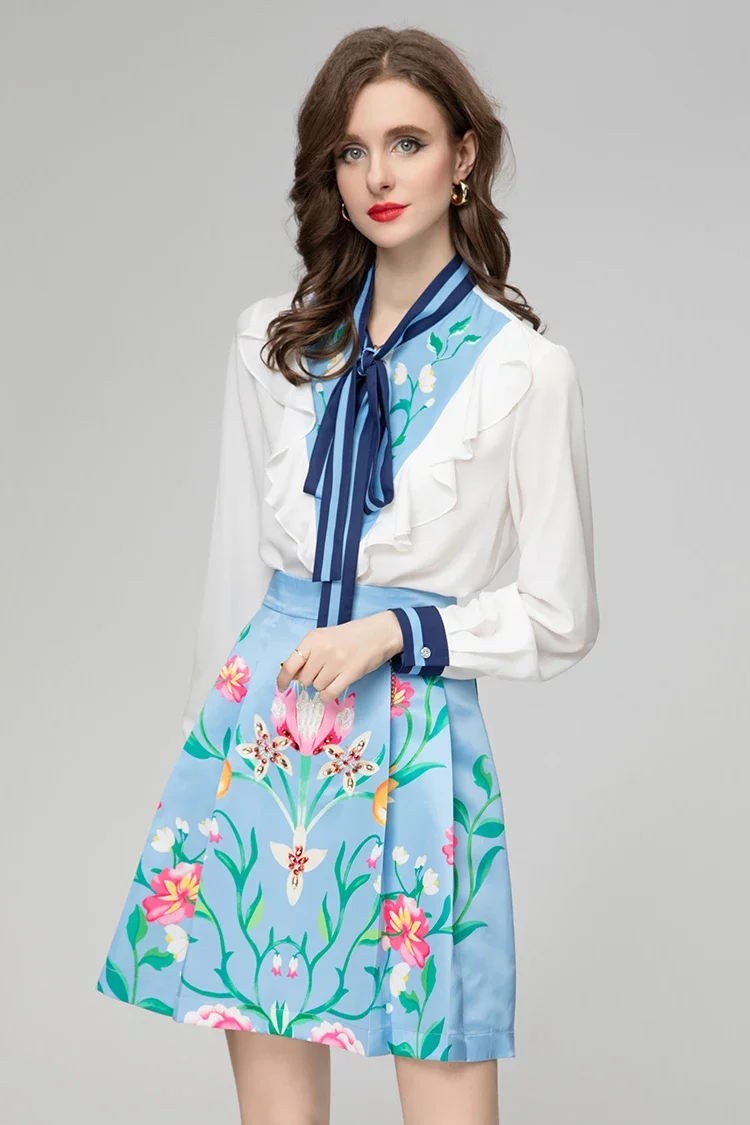 

Spring Vintage Print Skirt Set Women Ruffles Slim Shirt Diamond Mini Skirt Two Piece Elegant Fashion Runway Frenulum