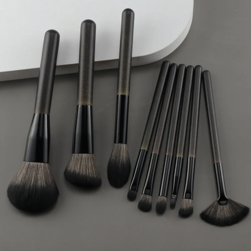 9pcs Wooden Handle Cosmetic Brush Set with Aluminum Ferrules - Soft Bristled Powder, Contour, Eyeshadow & Highlight Brushes
