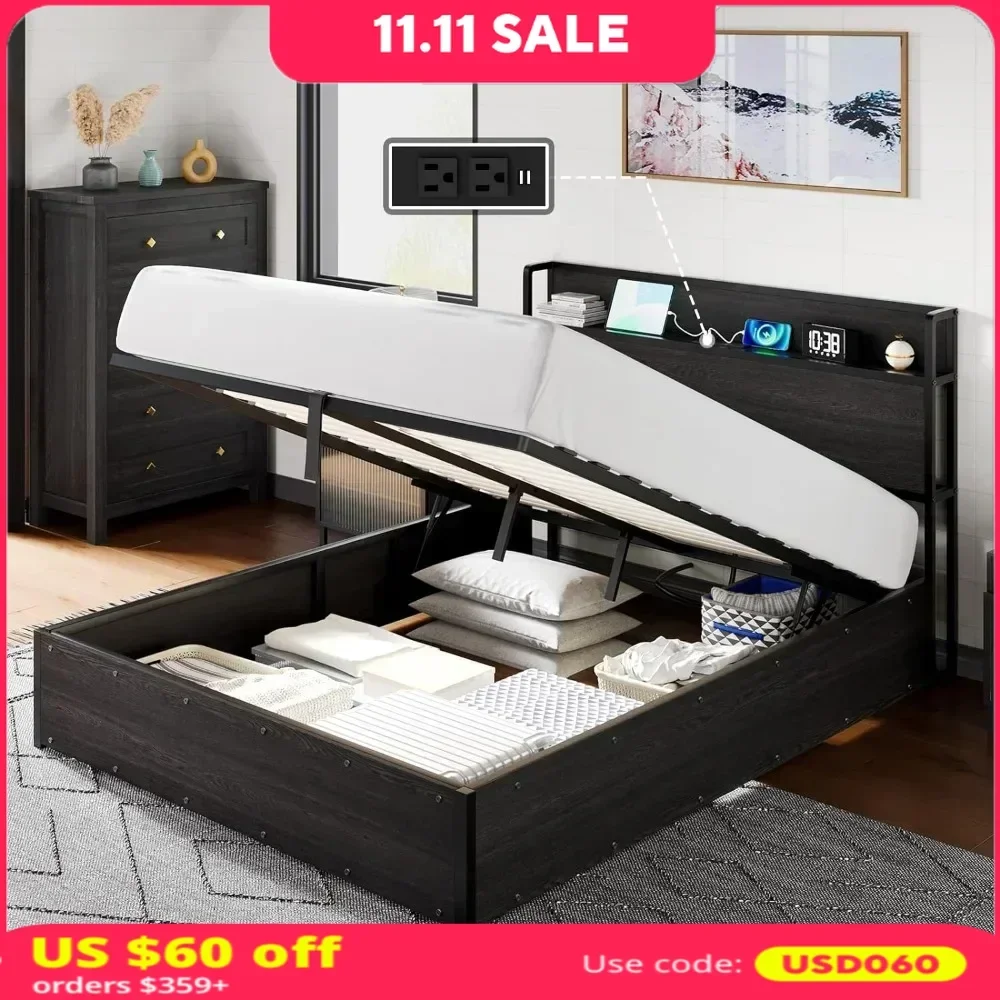 Large Lifting Bed Frame, Wooden Platform Bed Frame with Lifting Storage and Charging Station, no Noise,Bed Frame,