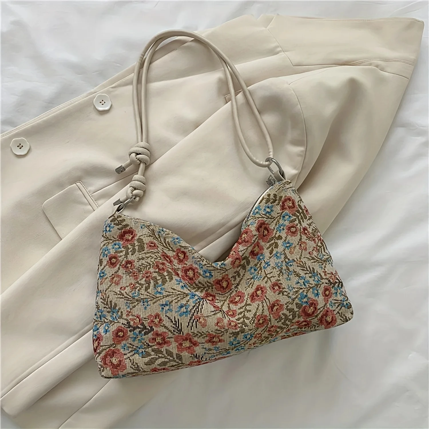 1PC Vintage Print Underarm Bag Large Capacity Fashion Women\'s Simple Multi-functional Canvas Shoulder Bag Casual Baguette Bag