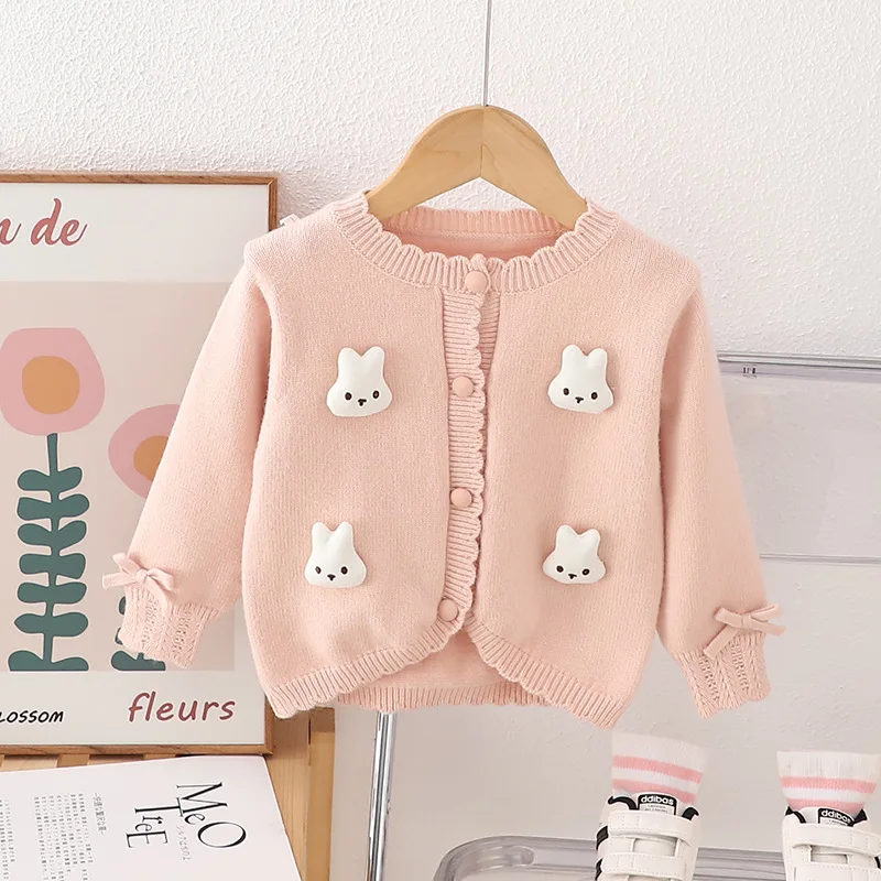 Rabbit Baby Girls Autumn Butterfly-knot Sweater Clothes 2024 Fall Princess Girl Clothing Cardigan Knitting Kids Sweaters HY07231