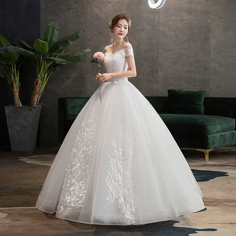 Vestido De novia De talla grande con cuello Barco, vestidos De novia clásicos con hombros descubiertos, Apliques De encaje elegantes, bata larga De Mariee