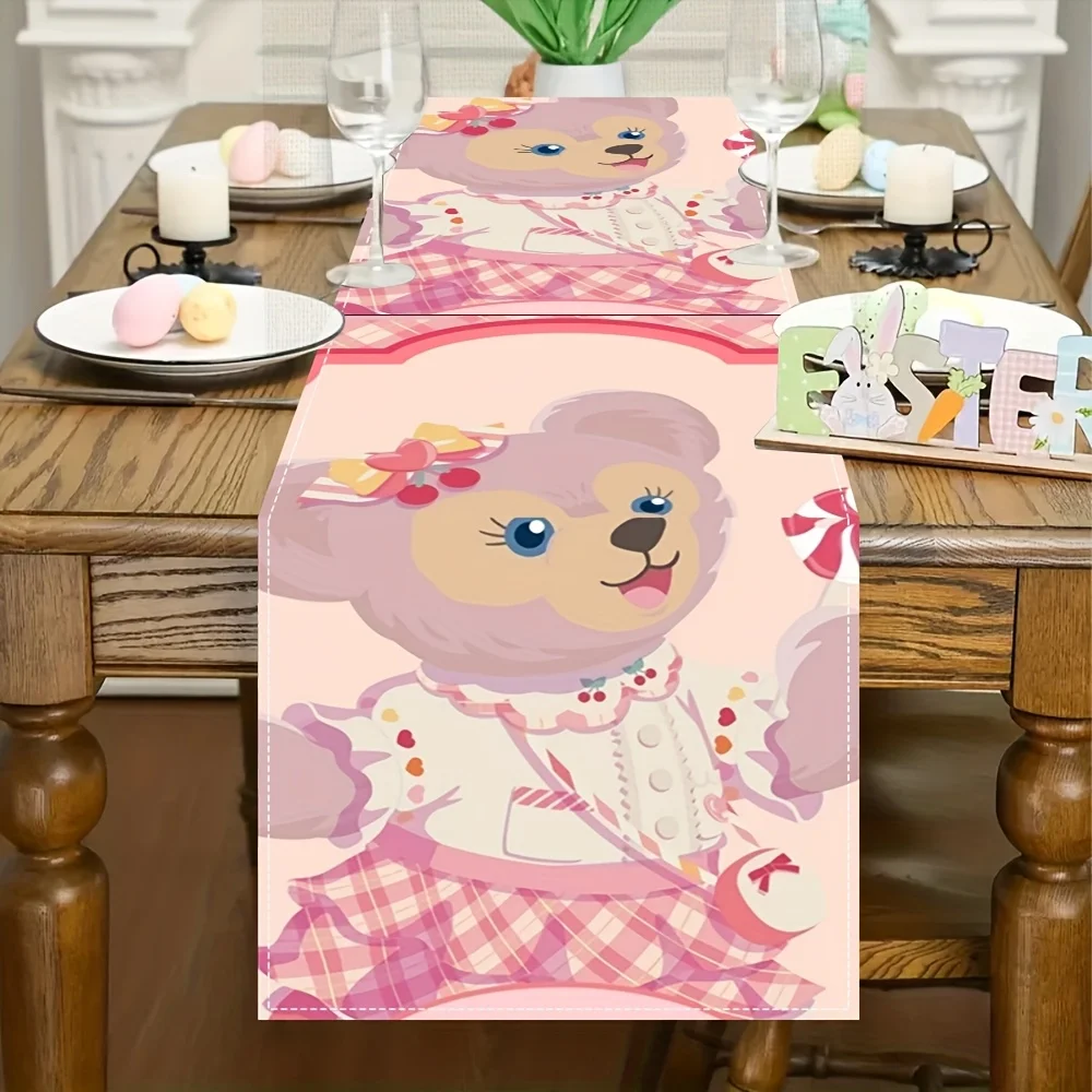 1 Piece of Duffy Bear Themed Table Runner, Pink Plaid with Cute Duffy Bear Image, Suitable for Children's Rooms, Disney-Themed Parties, Etc