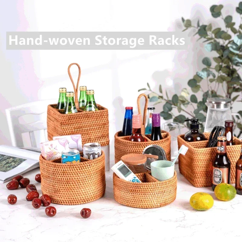 Hand-woven Wicker Desktop Storage Basket Portable Four-compartment Storage Fruit Basket Household Storage Basket Home Decoration