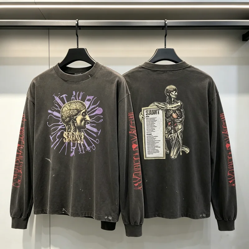 Water Washed SAINT Art Surgery Print T Shirt Men Women High Quality High Street Loose Distressed Long Sleeve T-shirt Tops Tee