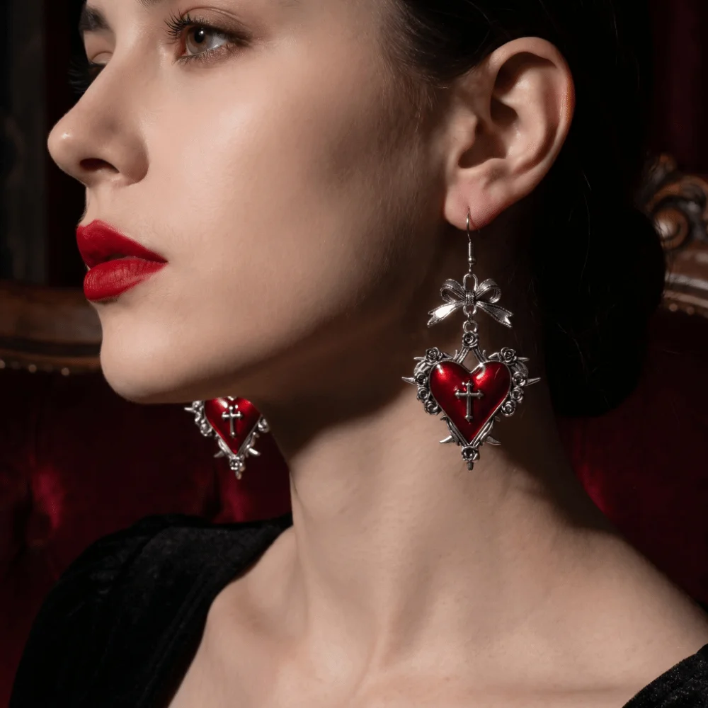 Vintage Red Enamel Thorn Rose Drop Earrings Silver Exquisite Heart Cross Earrings Durable Bow Halloween Dangle Earrings Party