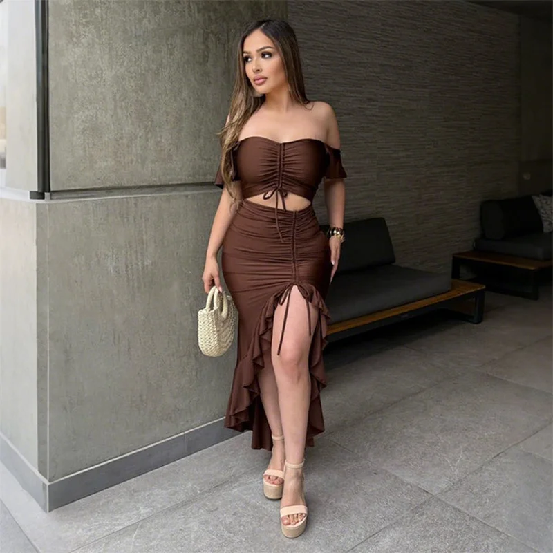 2025 Sexy Party Ruffles Women Strapless Drawstring Midi Irregular Long Dress Summer Cut Out Butterfly Sleeve Night Club Dresses