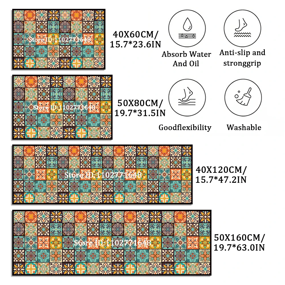 Retro-Küchenteppiche, rutschfest, saugfähig, für Schlafzimmer, luxuriös, für den Eingangsbereich, Fußmatte, waschbar, Anti-Ermüdungs-Teppich, lange, große, wasserdichte Matte – Detail 1