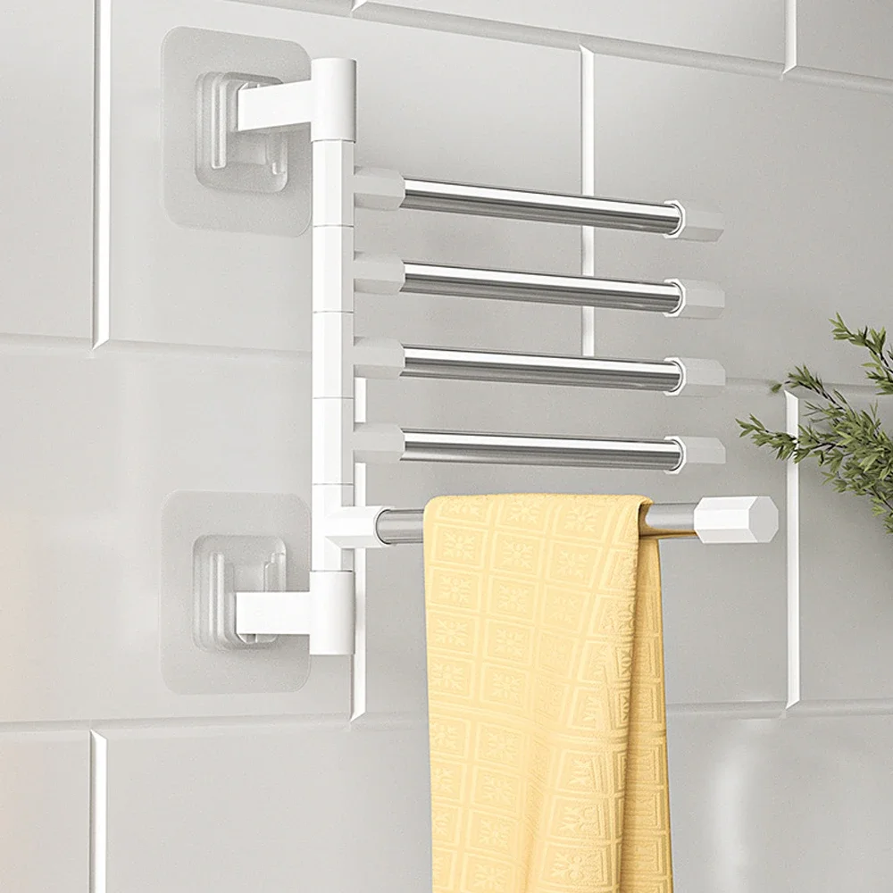 Punch-Free Bathroom Bath Towel Holder Multi-Bar Wall Mounted Rotating Towel Rack Cabinet Door Back Kitchen Toolhanger Shelf Rack