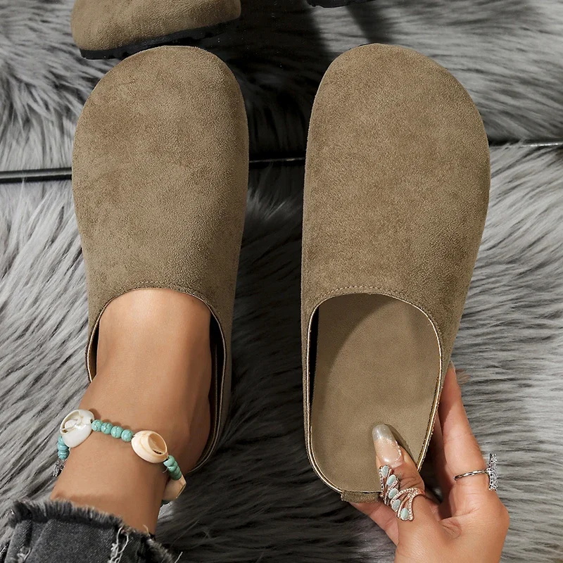 

Women Fashion Slippers Spring Round Toe Cork Clogs Slippers Women Outdoor Cork Footbed Flat Heels Mules Shoes Woman Suede Slides