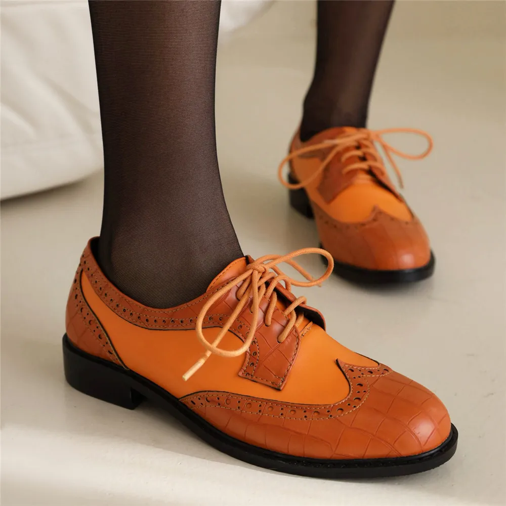 2024 Fashion Spring Autumn Oxford Flats Woman Lace-up Round Toe Loafers Leather Derby New British Ladies Thick Heel Shoes 34-43