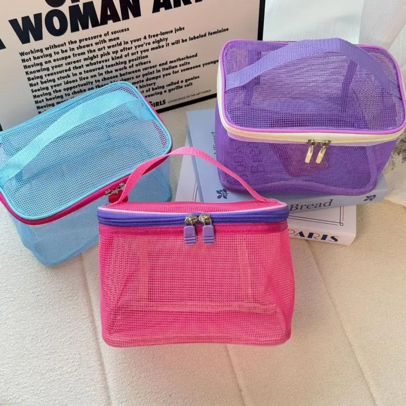 Mesh Makeup Bag Large Capacity Handbag Travel Lightweight Cosmetic Bag Storage Organizer Beach Quick Dry Cleaning Rinse Bags