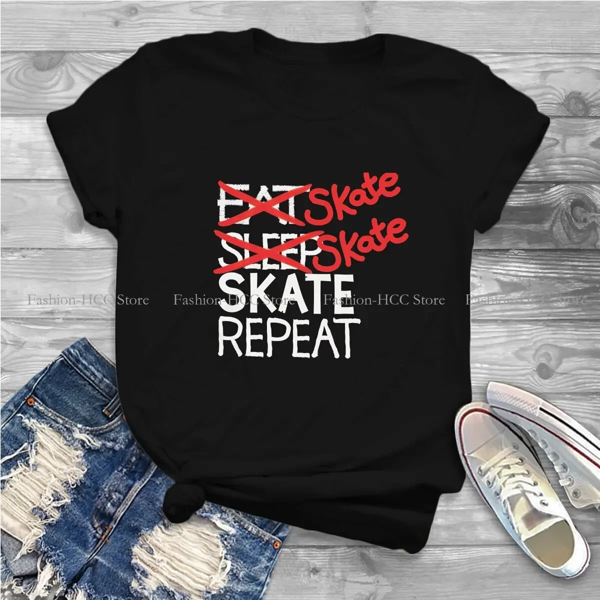 Skate Skate Skate Repeat Round Collar TShirt Figure Skating Basic T Shirt Women Clothes Fashion