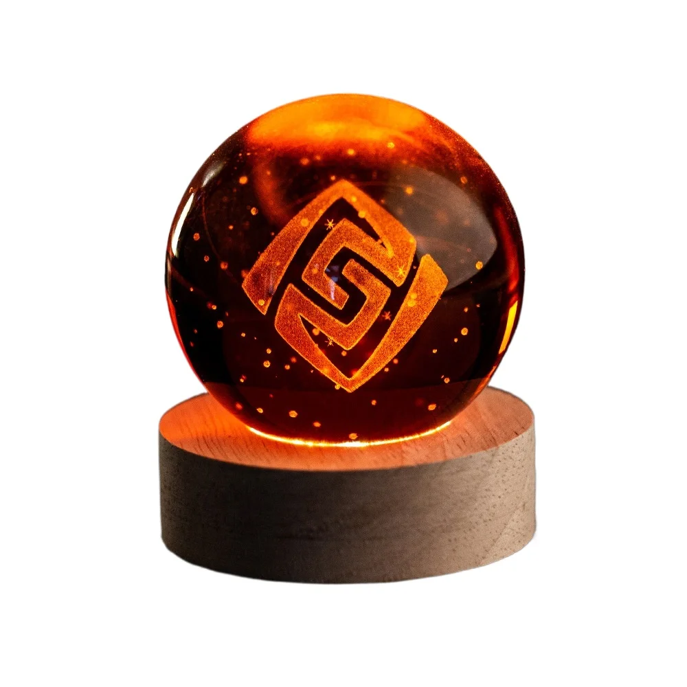 Genshin Impact Vision – boule de cristal gravée en 3D, lampe de nuit de 6CM avec base en bois à lumière chaude, décoration de bureau pour les fans de jeux d'anime