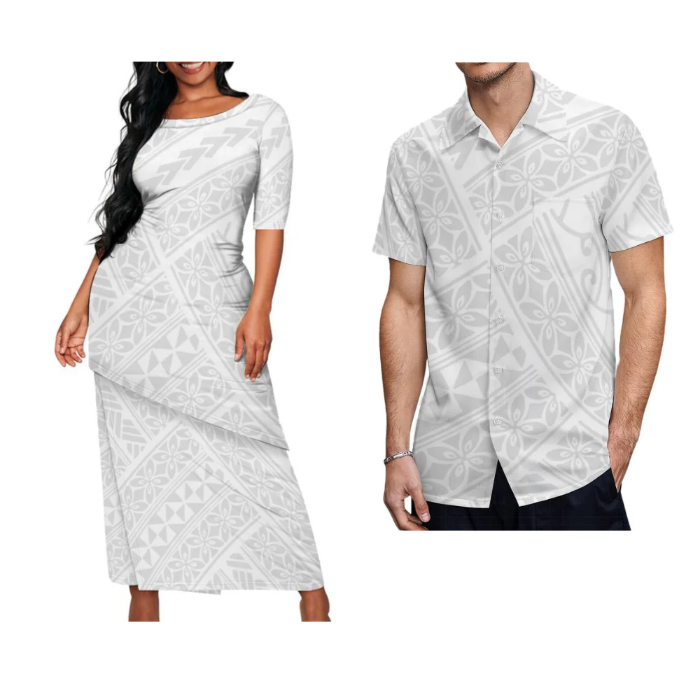 Weiße sonnige polynesische Frauen Puletasi Herren hemd benutzer definierte Samoan Print Sommer Paar Set Frauen neuen abgeschrägten Rock