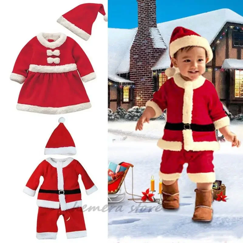 아기 소년 소녀 크리스마스 산타 클로스 의상 어린이 코스프레 빨간 드레스 어린이 모자 카니발 파티 옷으로 옷을 차려 입다
