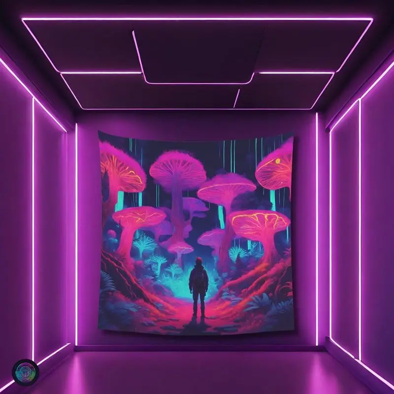 VIKAMA Psychedelic Neon Mushroom Tapestry Fantasy Forest Wall Hanging Glow Dark Art Bedroom Living Room Decor