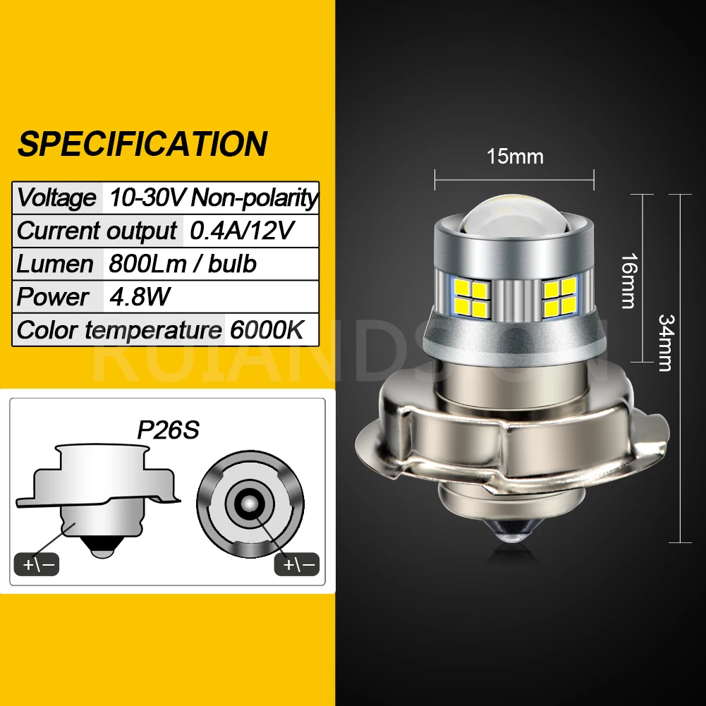 RUIANDSION P26S LED Lights For Motorcycle Headlight Electric Scooter ATV 12V 24V AC/DC Bulbs 800LM Xenon White