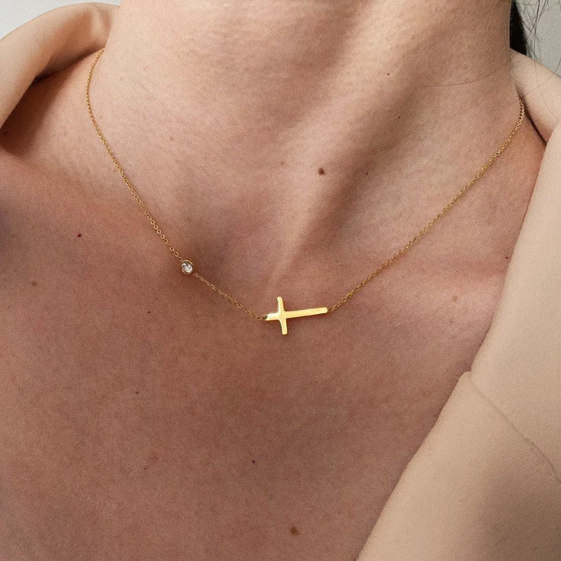 Sideways Cross Necklaces for Women Girls Jewelry, Dainty Gold Color Stainless Steel Simple Choker Collar Fashion Gift for Her