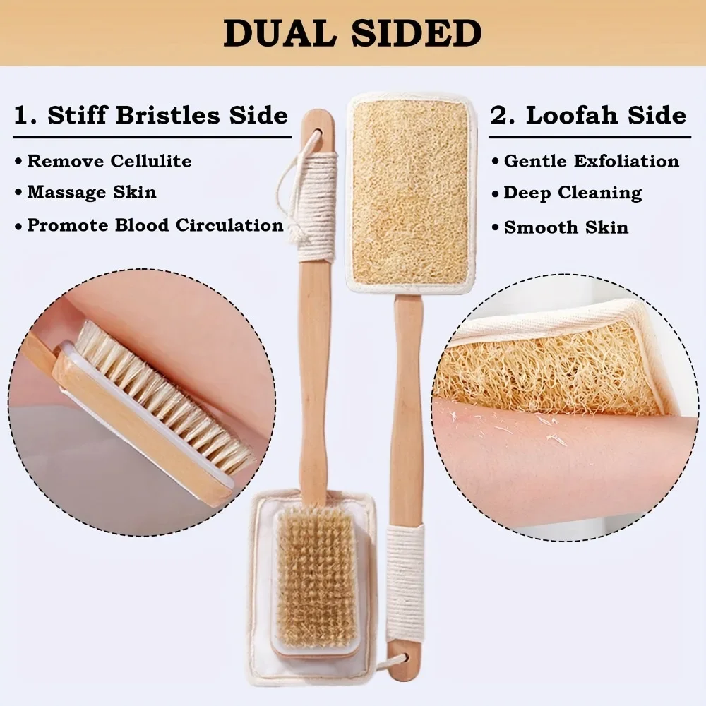 Double‑Sided Bath Brush Long Wooden Handle Back Scrubber Natural Bristle & Loofah Shower Exfoliating Body Brush Bathroom Tool