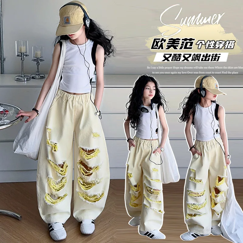 

Spicy girl ripped jeans, girls' jeans, summer clothes, middle-aged children's fashion design sense
