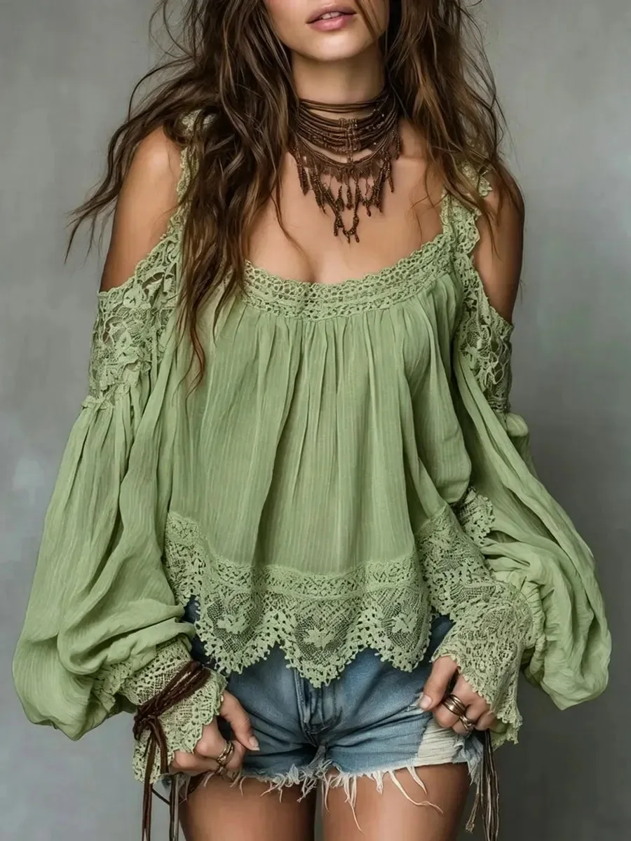 Women's Boho Shirt Off Shoulder Lace Trim Lantern Sleeve Vintage Sexy Sweet Blouse Top Hollow Out Casual Lace Blouse Tops