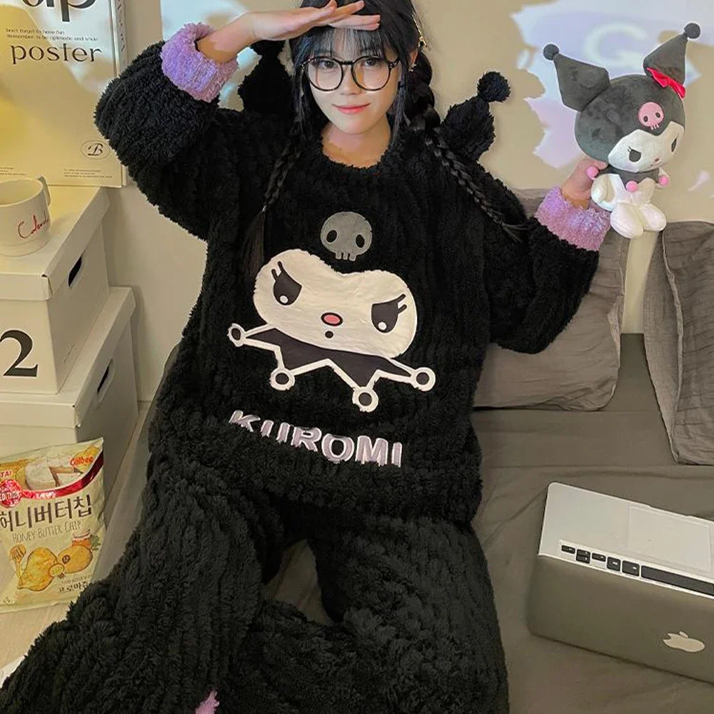 

Cartoon Plush Pajama Set Kawaii Kuromi Sanrioed Anime Women Home Clothes Winter Thickened Long Sleeves Pants Girl Cute Keep Warm