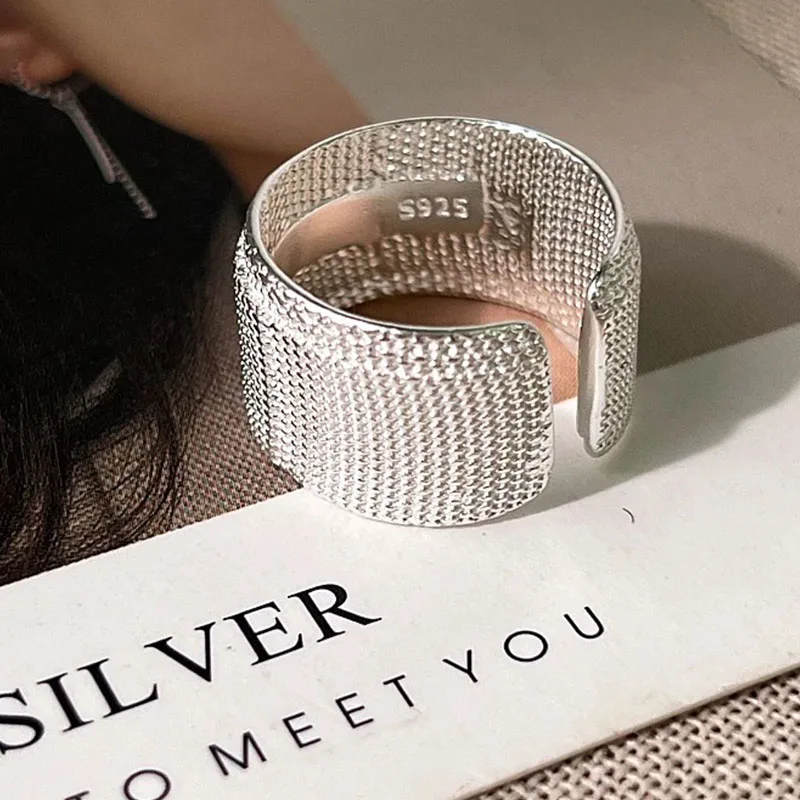 

925 Sterling Silver Rings For Women Geometric Fine Jewelry Finger Adjustable Simple Wide Heavy Ring For Party Birthday Gift