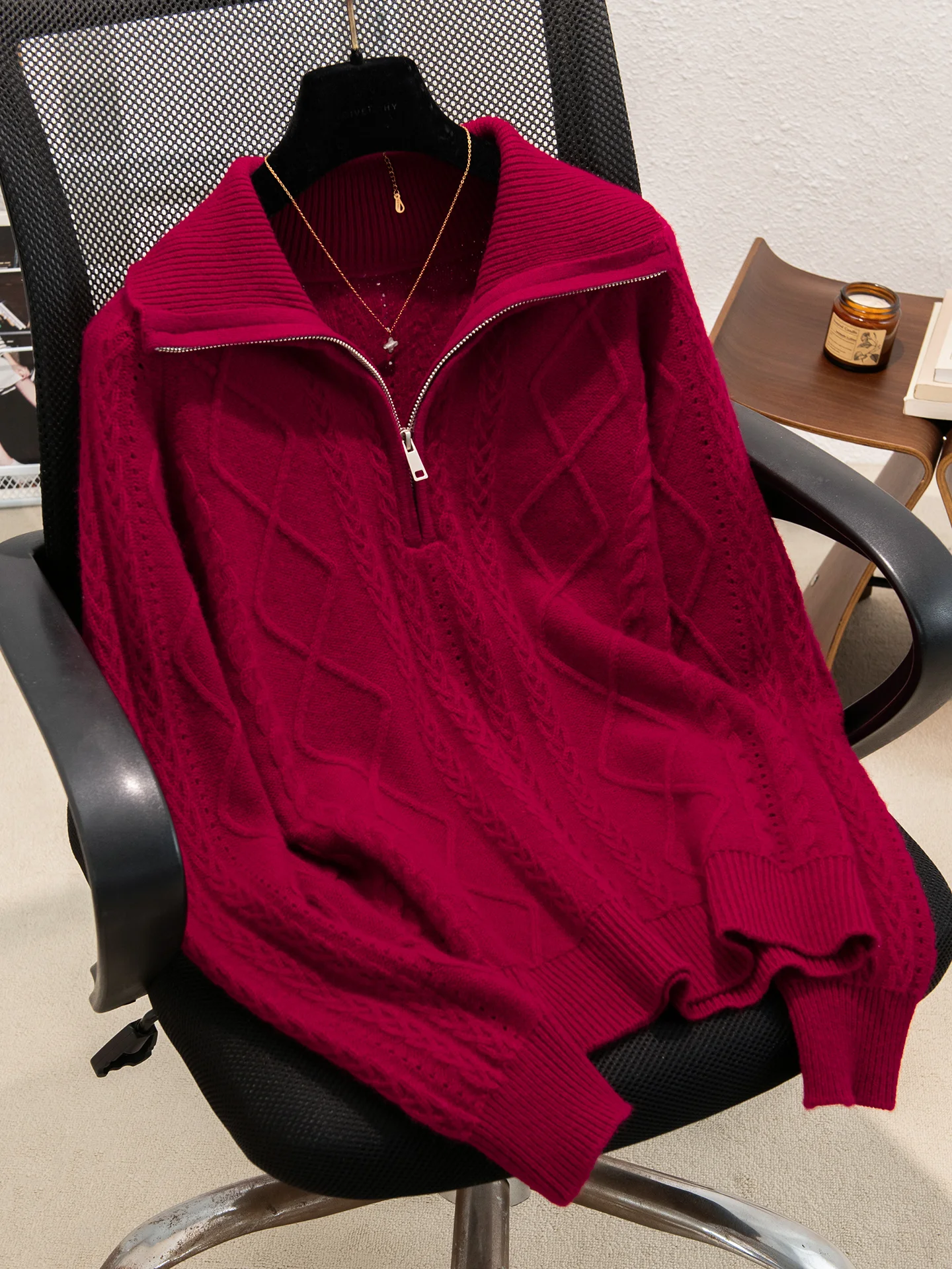 

Зимний красный свитер из чистого кашемира с высоким воротником и полумолнией с витыми бриллиантами, женский осенне-зимний свитер с лацканами