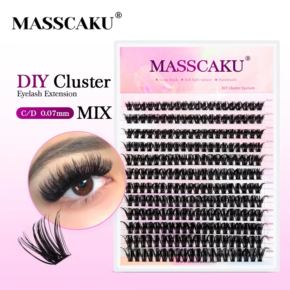 MASSCAKU 혼합 길이의 풍성한 개별 속눈썹 클러스터, DIY 속눈썹 연장용, C 컬, 144개, 자연스러운 분리형 속눈썹...
