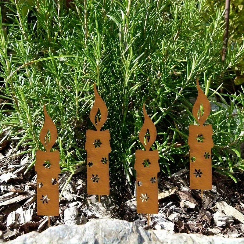 2/4set 2D Flat Independent Rusty Acrylic Candle Silhouettes for Christmas Garden Decor, Suitable for Outdoor Courtyard Art