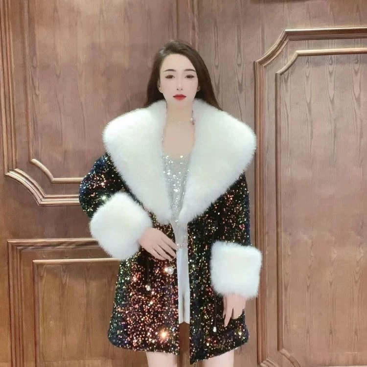 Heavy Embroidery Sequins Temperament Furry Jacket Female 2023 Winter New Fashionable Big Fur Collar Shiny Faux Fur Coat Women