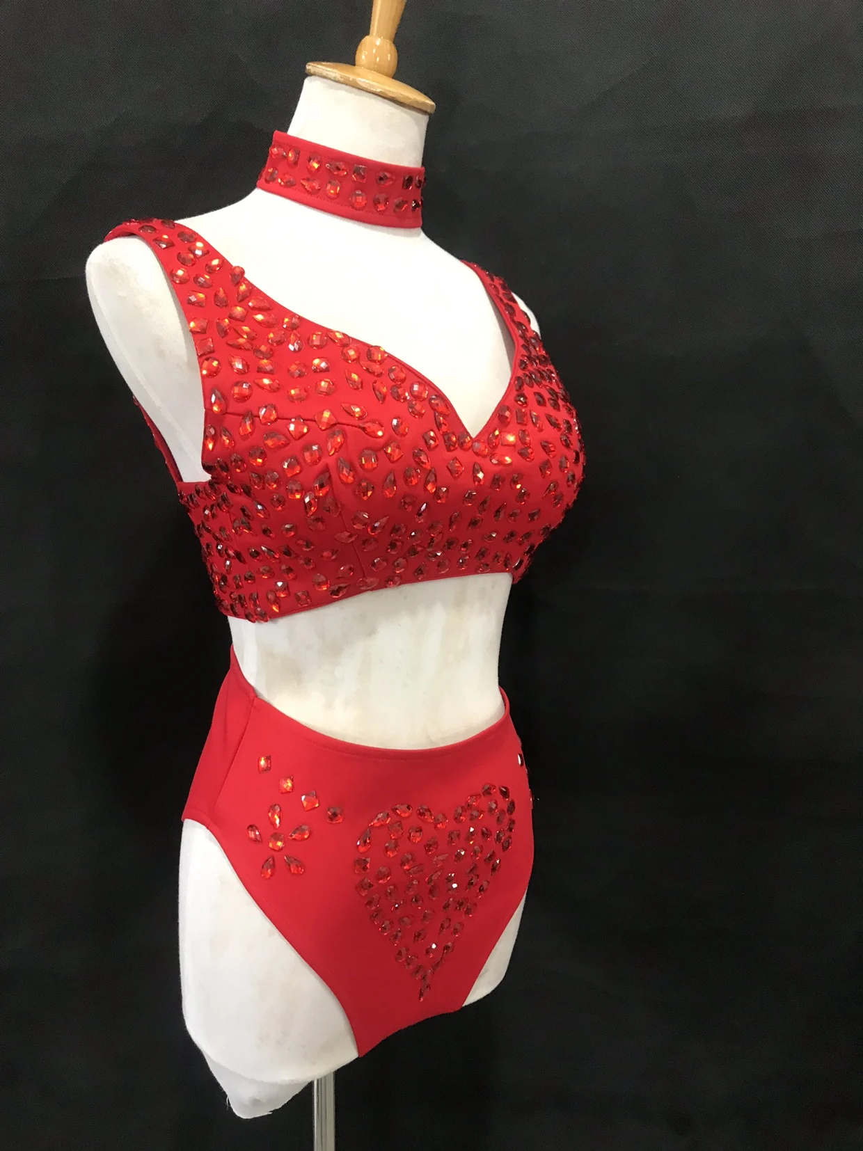 Sexy DJ Nightclub Pole Dance Costume Red Rhinestones Bikini Rave Outfit Party Show Stage Wear Dancer Team Performance Clothes