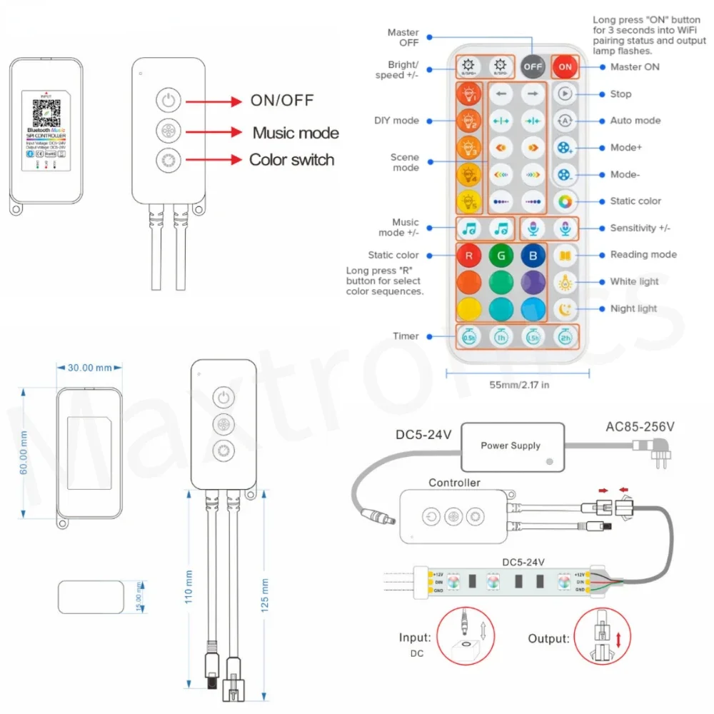 New Tuya WiFi SPI LED Controller With IR44 Keys Remote Bluetooth Music Cntrol for WS2811 WS2812 FCOB RGB IC Strip Light DC5V-24V