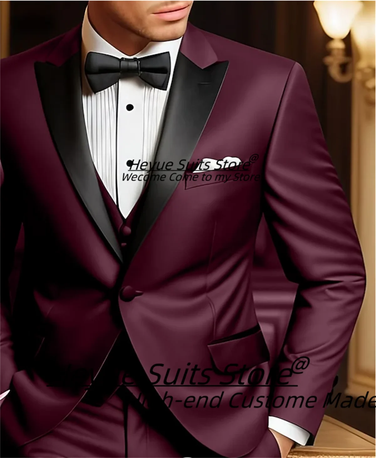 Luxuly Black Wedding Suits For Men Slim Fit Peak Lapel Groom Formal Tuxedos 3Pieces Sets Elegant Male Blazers trajes para hombre