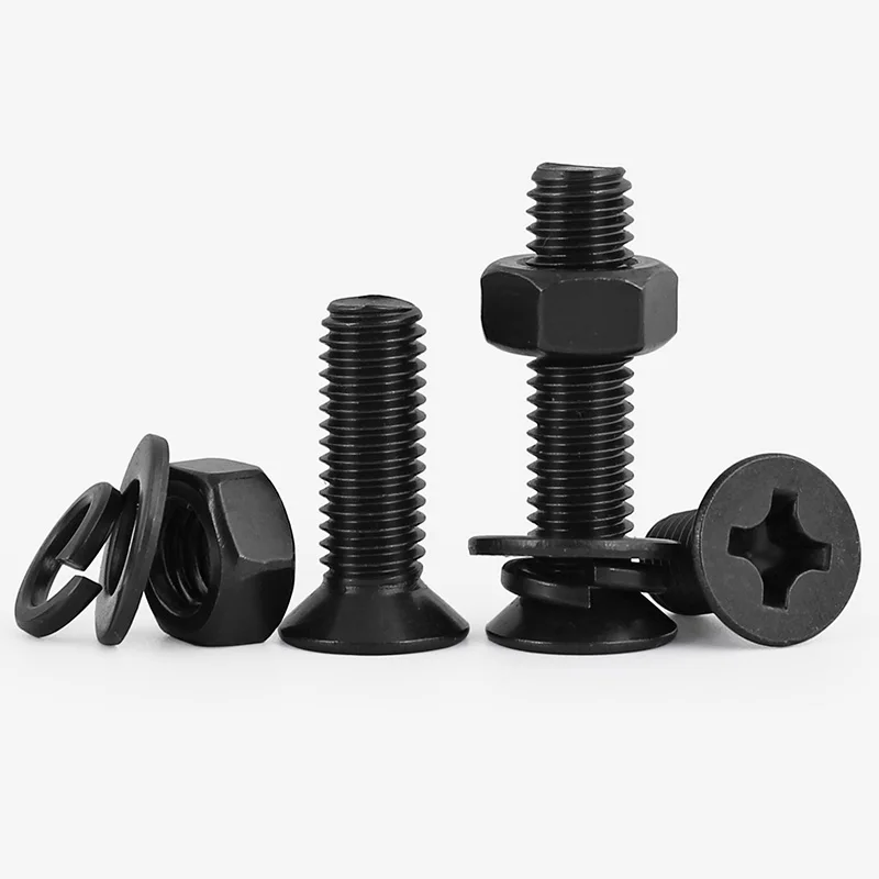 M3 M4 M5 Black 304 Stainless Steel Cross Recessed Countersunk Philips Flat Head Bolts with Washers Muts Screws