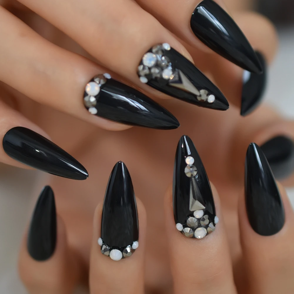 Black Pre-designed Press On Nails Dark Stones Pointed Strass Long Stiletto Acrylic Artificial Nail Tips Rhinestone Nails