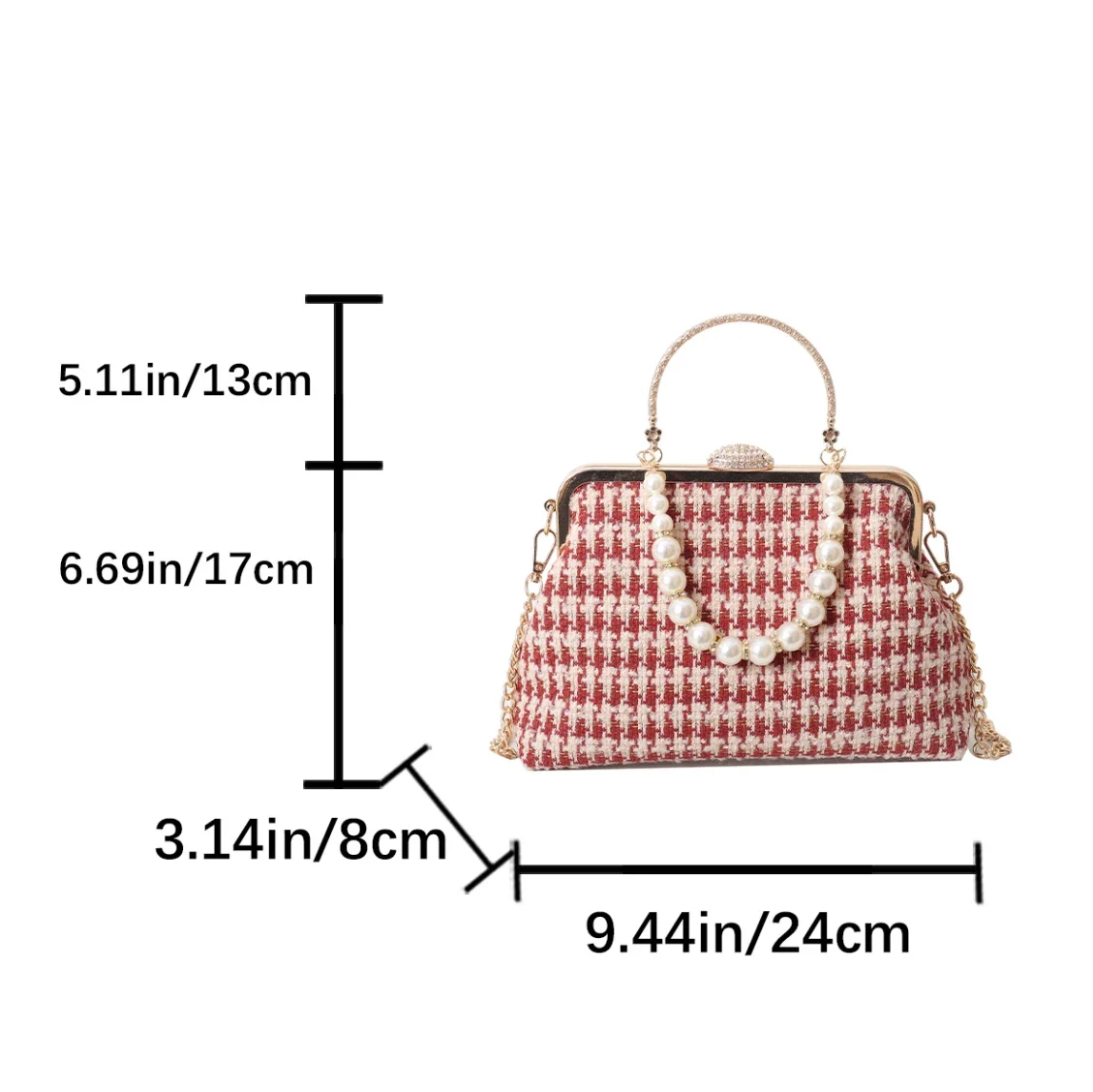 Borsa in tessuto di lana borse a tracolla con motivo pied de poule pochette da giorno per donna borse a tracolla con catena di perle borsa a