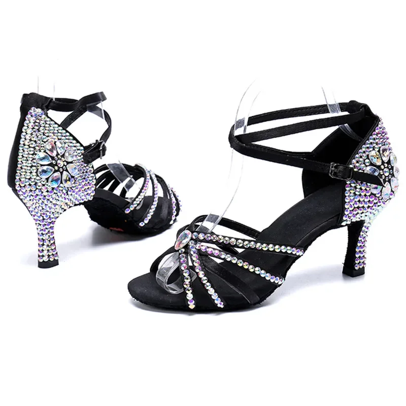 Women Party Dance Shoes Satin Shining Rhinestones Soft Bottom Latin Dance Shoes Woman Salsa Dance Shoes