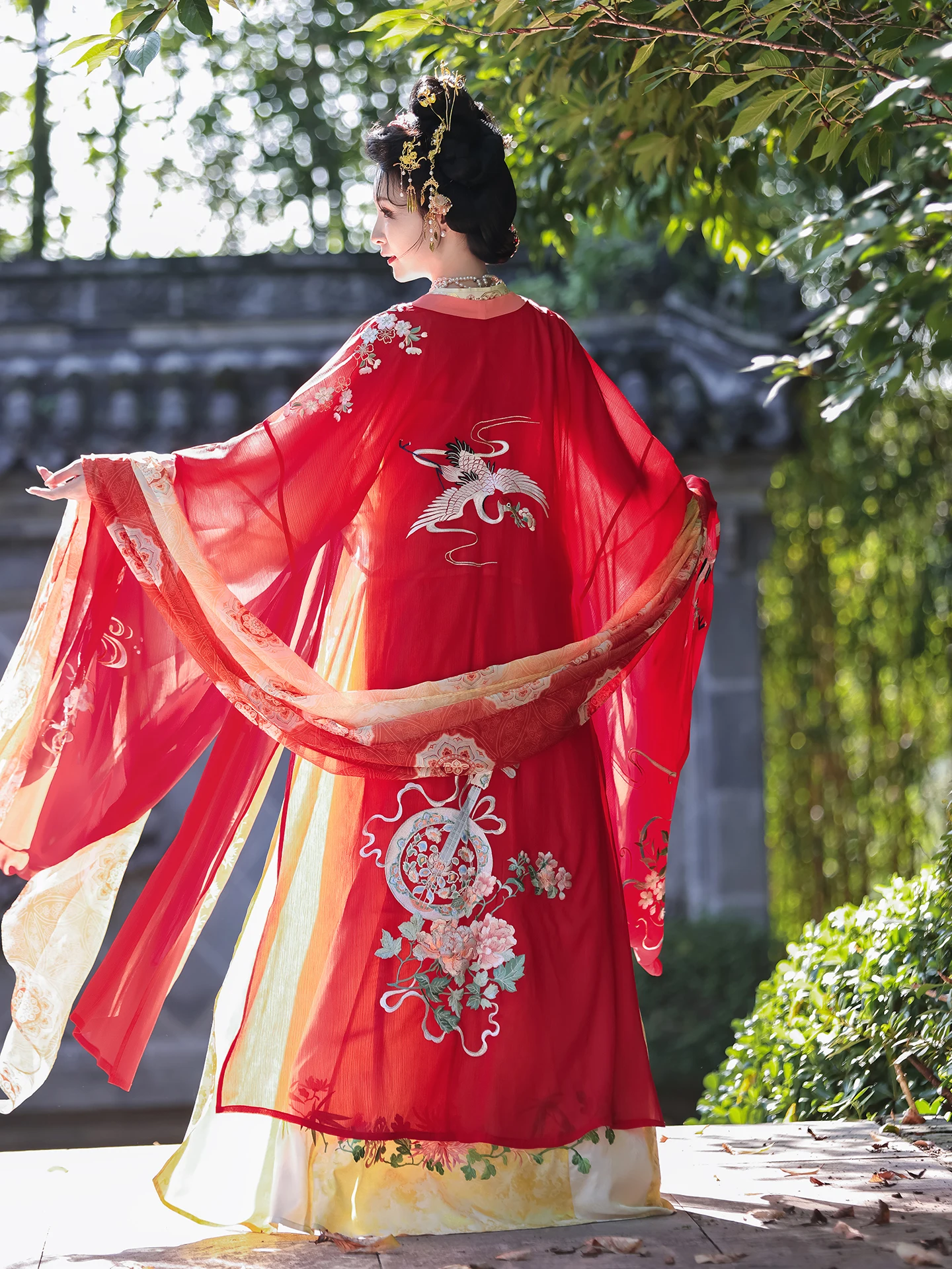 

Xianle Piaopiao Red Clay Nest Small Building Silk Brocade Tang Series Women's Hanfu Long Sve round Ne Midi Dr