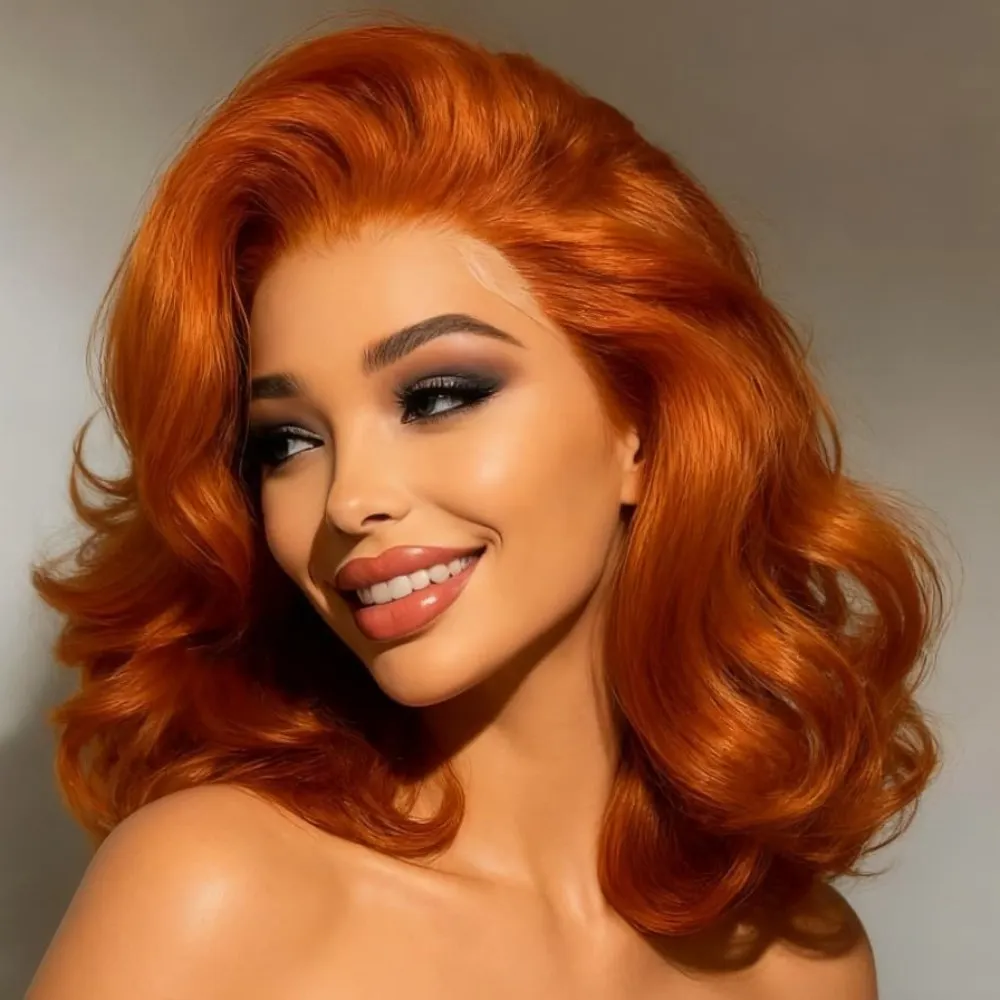 

Парик из натуральных волос Ginger Orange Bob Body Wave с HD-кружевом 13x4, предварительно выщипанный, без клея, 250% плотности, для женщин
