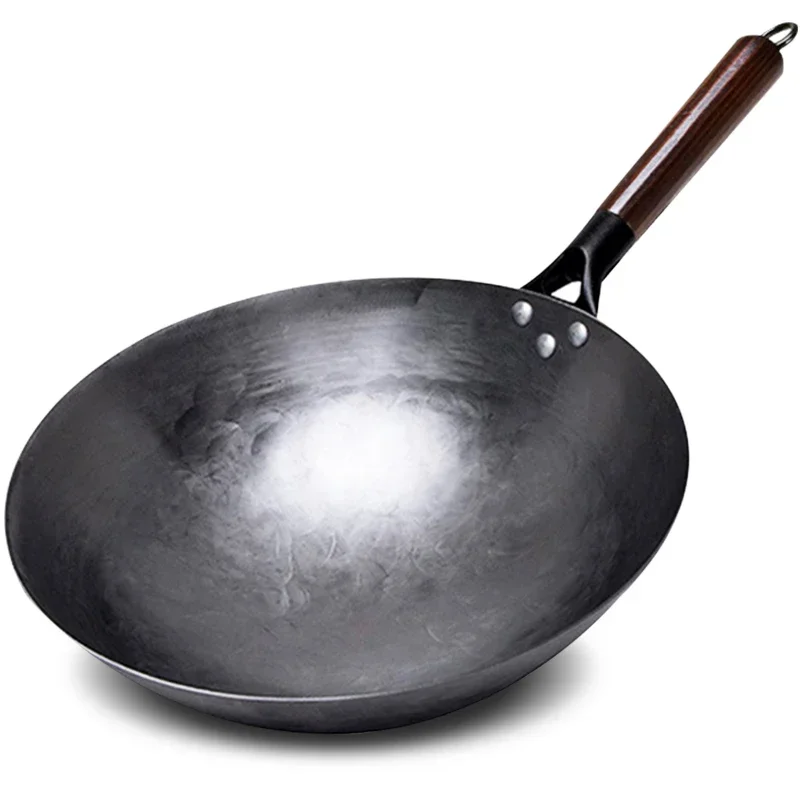 Non-coating Iron Wok Chinese Traditional Handmade Wok For Kitchen Pan Wooden Handle For Gas Cookware 1 to 2 People
