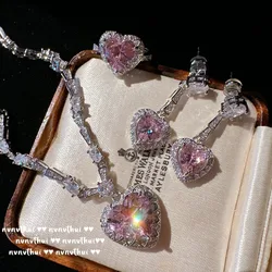 Gorgeous Sparkling Pink Heart Solitaire Ring Iced Out with Sparkling Cubic Zirconia 925 Sterling Jewelry Set Love Gift for Women