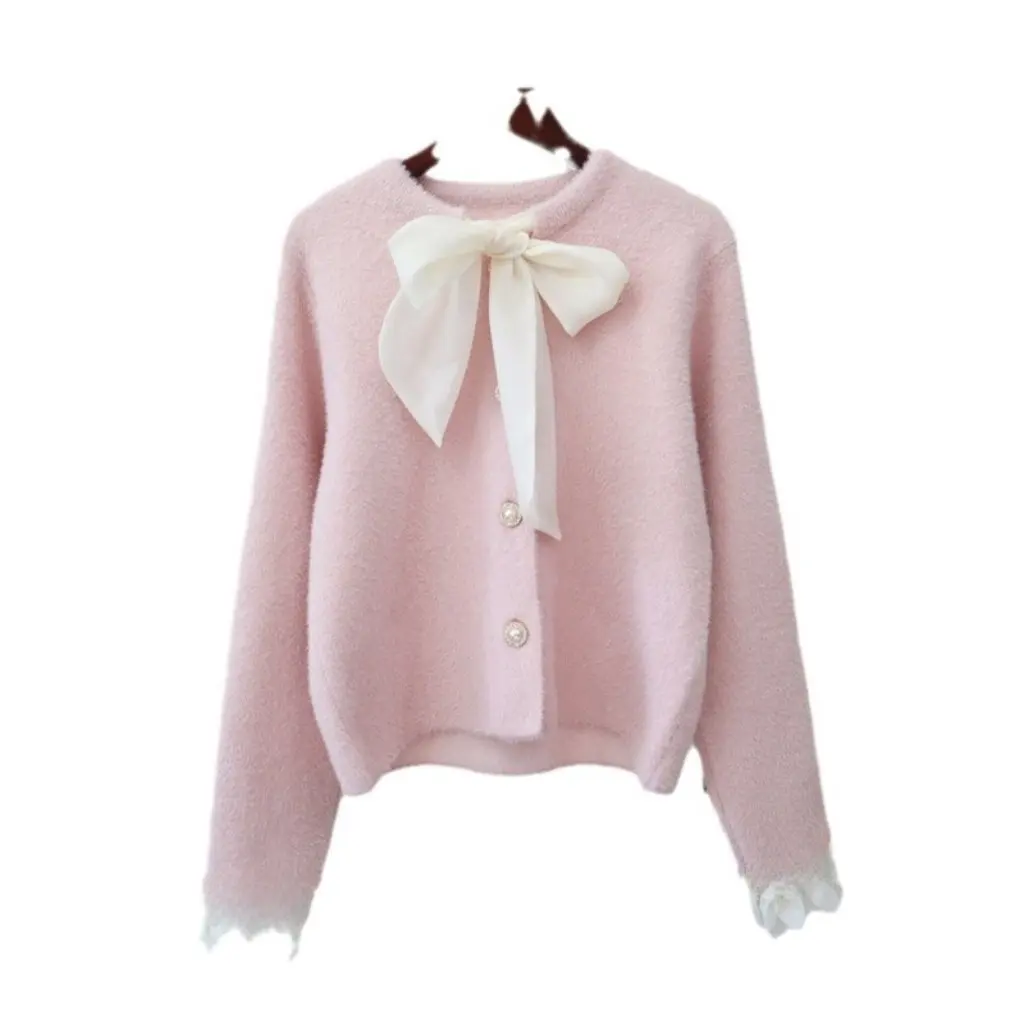 

Women's Trendy Bow Stitching Lace Knitted Cardigan Xiao Xiang Style Imitation Mink Cashmere Sweater Coat Spring New Arrival